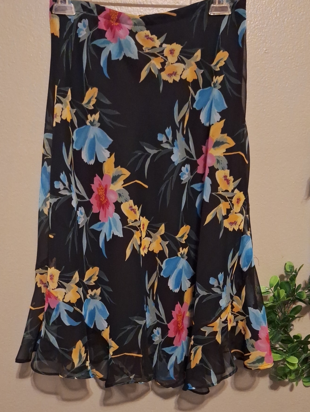 Floral Black A-Line Skirt with Blue and Pink Blooms